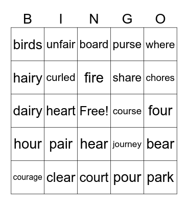 R-Controlled Vowels Bingo Card