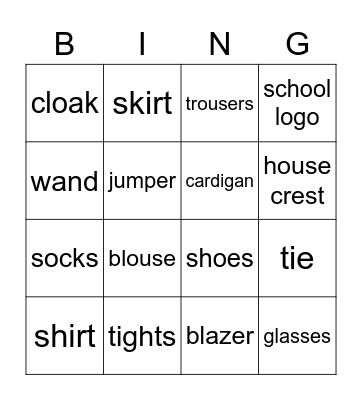 School uniform Bingo Card