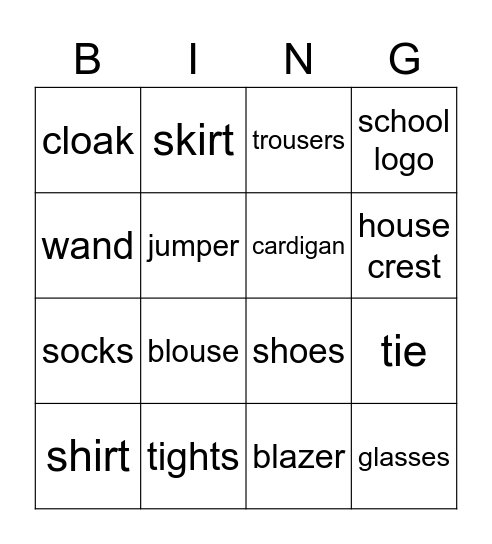 School uniform Bingo Card