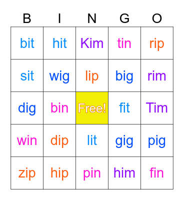 short i cvc bingo Card