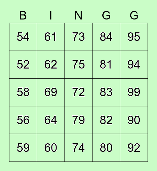 Numbers 50-100 Bingo Card