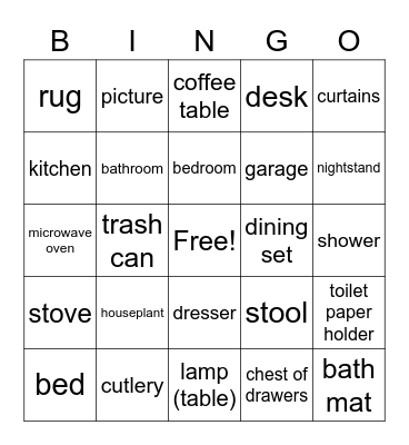 Objects in a house Bingo Card