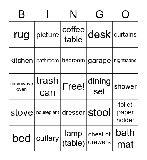 Objects in a house Bingo Card