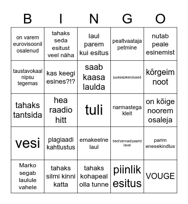 EUROVISIOON 2023 Bingo Card