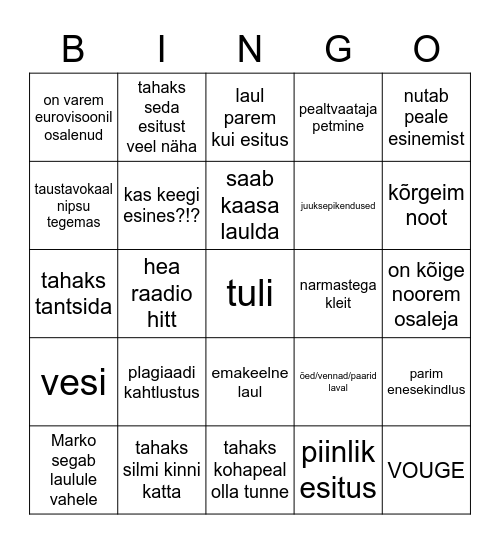 EUROVISIOON 2023 Bingo Card