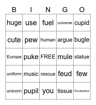 Long "U" Sounds Bingo Card