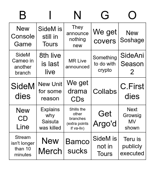 SideM Copium/Hopium Stream Bingo Card