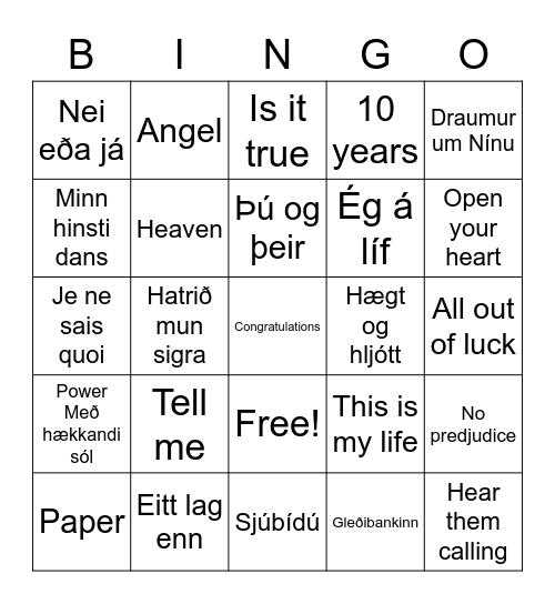 Íslensk eurovision lög Bingo Card