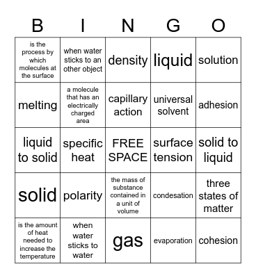 Properties Of Water  Bingo Card