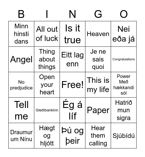 Íslensk eurovision lög Bingo Card