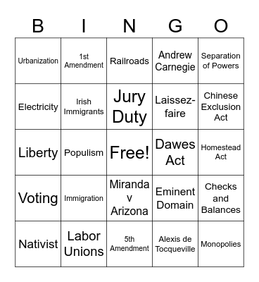 Early America and Gilded Age Bingo Card