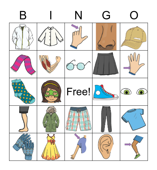 Clothes and Body Parts Bingo Card