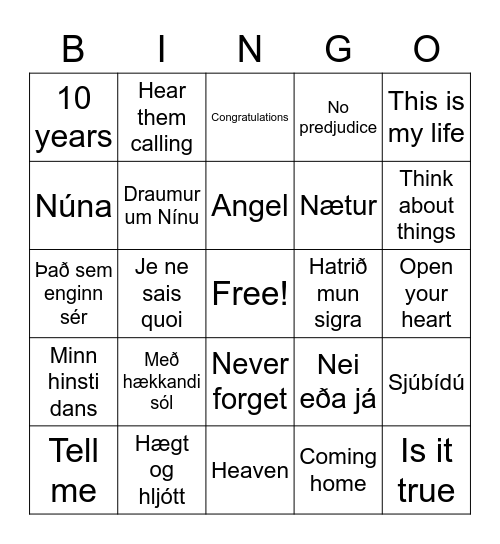 Íslensk eurovision lög Bingo Card