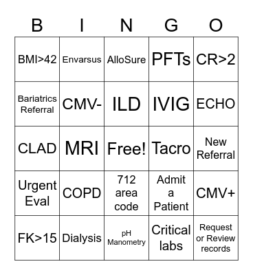 Transplant Nurse Bingo Card