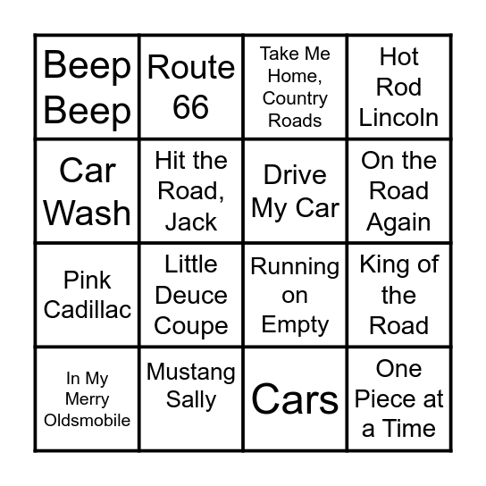 Car-a-oke Bingo Card