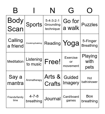 Calming Strategies Bingo Card