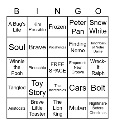 Disney and Pixar Music Bingo Card