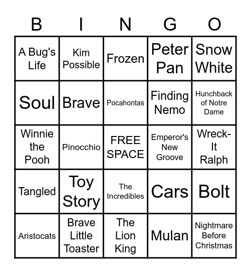 Disney/Pixar Protagonists Bingo Card