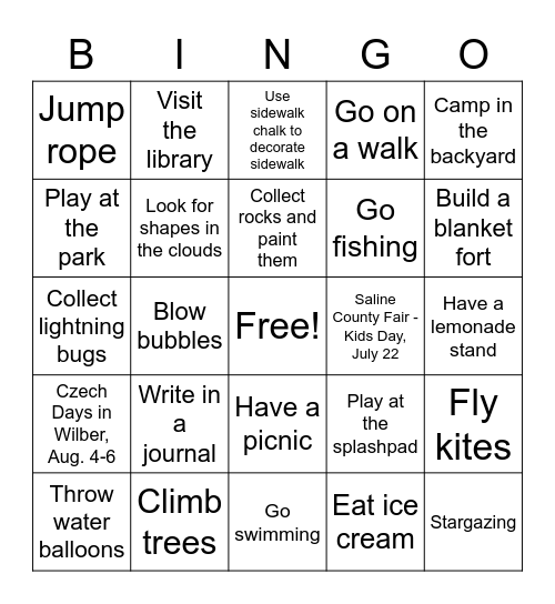 Summer Fun Activities Bingo Card