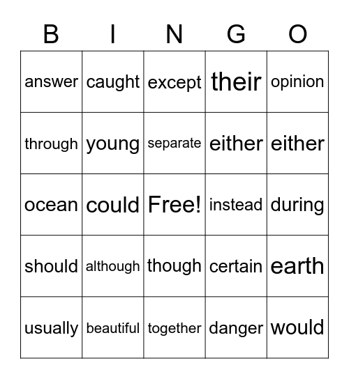 Sight Words Bingo Card