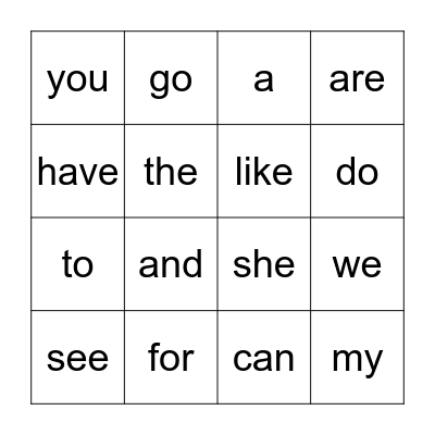 Kindergarten sight words Bingo Card