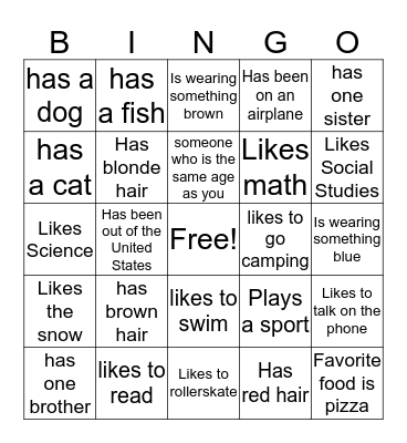 Friendship Bingo Card