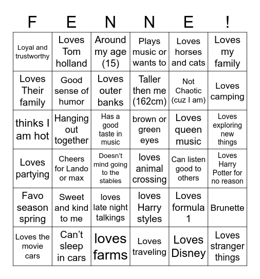 Are you Fenne’s type? Bingo Card