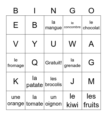 Les aliments Bingo Card