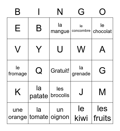 Les aliments Bingo Card