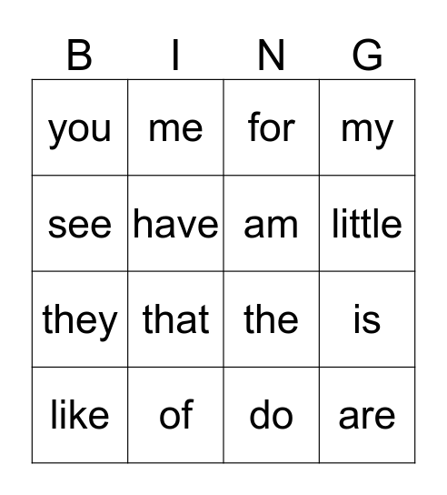 kindergarten Bingo Card