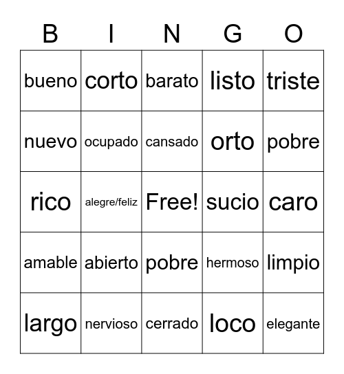 adjetivos en español Bingo Card