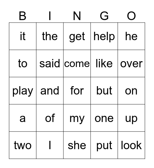 Sight Word BINGO Card