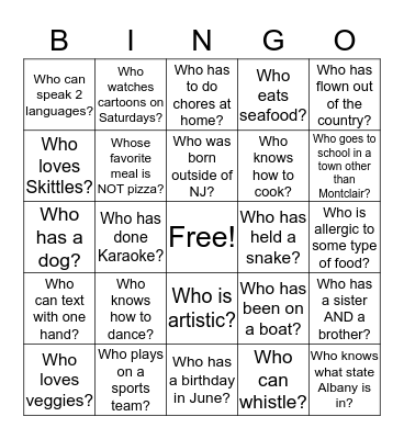 Getting to Know You. Bingo Card