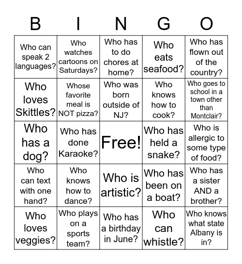 Getting to Know You. Bingo Card