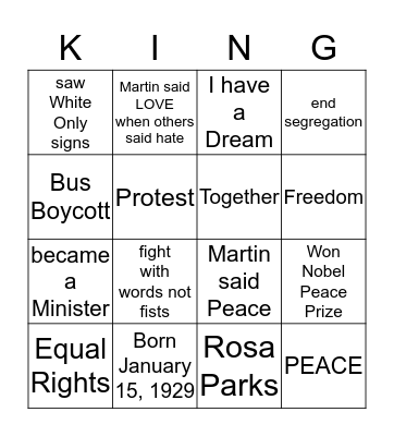 Martin Luther King Jr. Bingo Card