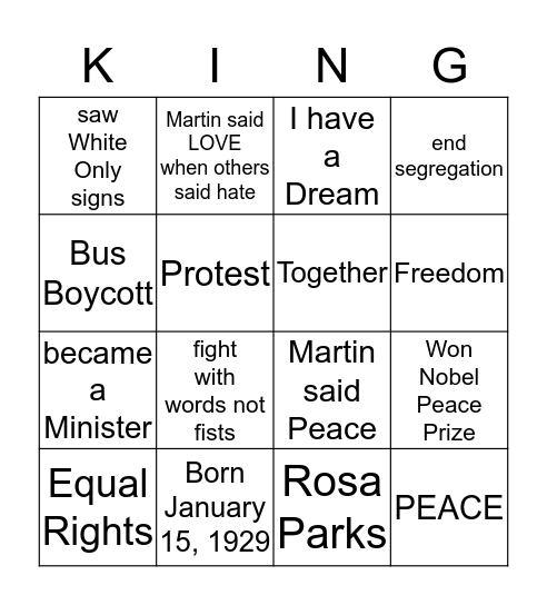 Martin Luther King Jr. Bingo Card