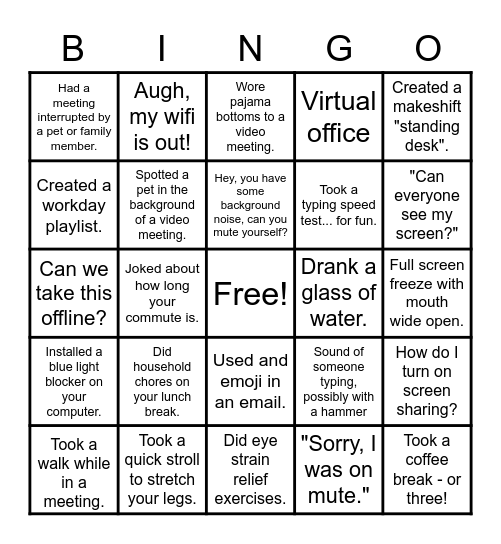 Work From Home Bingo Card