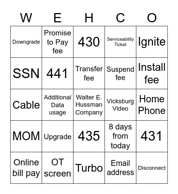 WEHCO Bingo Card