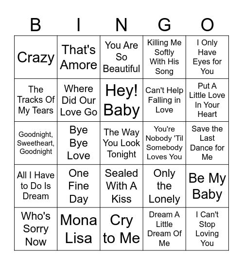 Golden Oldie Love Songs Bingo Card