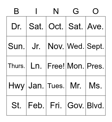 Abbreviations Bingo Card