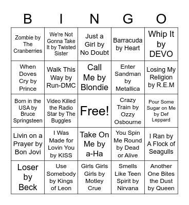 Rock Hits Bingo Card