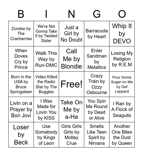 Rock Hits Bingo Card