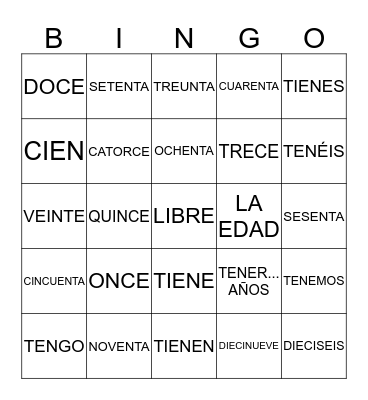 SPANISH WORDS Bingo Card