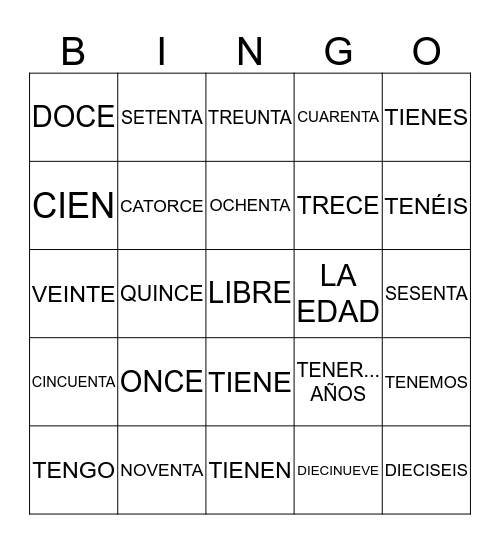 SPANISH WORDS Bingo Card
