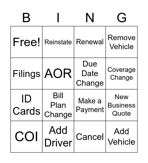 Recking Crew Bingo Card