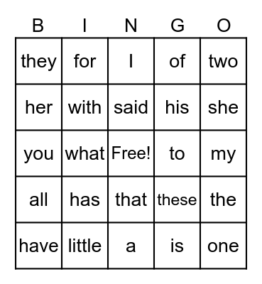 Sight Words Bingo Card