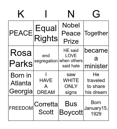 Martin Luther King Jr. Bingo Card