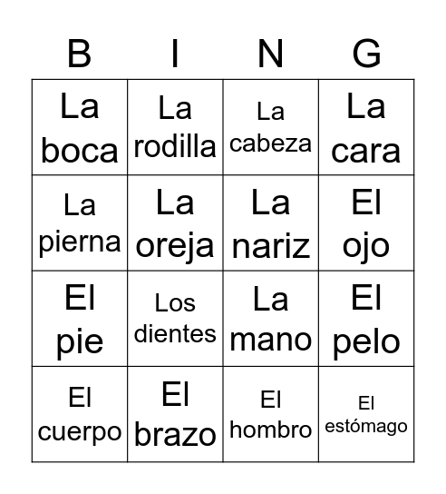 1st Grade El Cuerpo Bingo Card