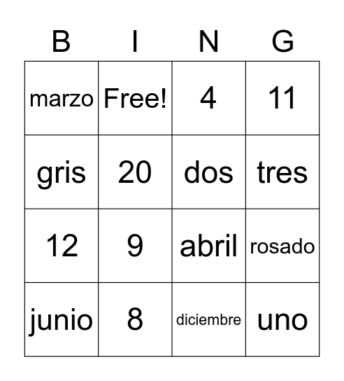 1st_colores_num_meses_dias Bingo Card