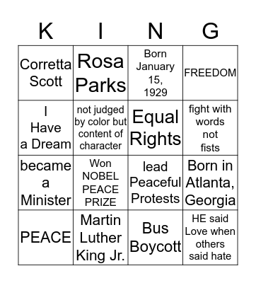 Martin Luther King Jr. Bingo Card